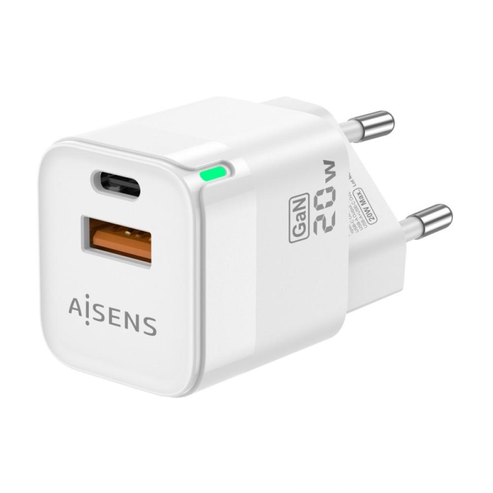 AISENS - Cargador Gan 20W, 1xUSB-C PD3.0 QC4.0, 1xUSB-A QC3.0, Blanco - ASCH-20W2P002-W