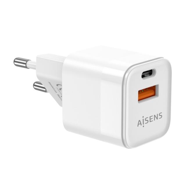 AISENS - Cargador Gan 20W, 1xUSB-C PD3.0 QC4.0, 1xUSB-A QC3.0, Blanco - ASCH-20W2P002-W