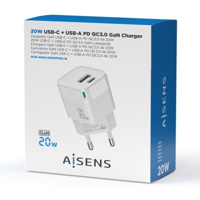 AISENS - Cargador Gan 20W, 1xUSB-C PD3.0 QC4.0, 1xUSB-A QC3.0, Blanco - ASCH-20W2P002-W