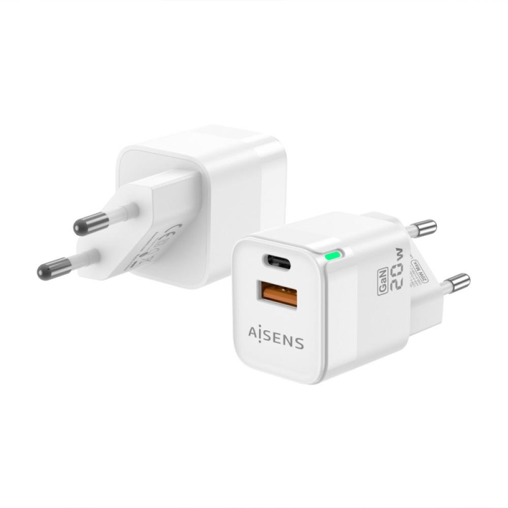 AISENS - Cargador Gan 20W, 1xUSB-C PD3.0 QC4.0, 1xUSB-A QC3.0, Blanco - ASCH-20W2P002-W