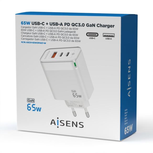 AISENS - Cargador Gan 65W, 2xUSB-C PD3.0 QC4.0, 1xUSB-A QC3.0, Blanco - ASCH-65W3P007-W