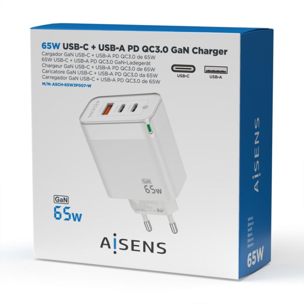 AISENS - Cargador Gan 65W, 2xUSB-C PD3.0 QC4.0, 1xUSB-A QC3.0, Blanco - ASCH-65W3P007-W