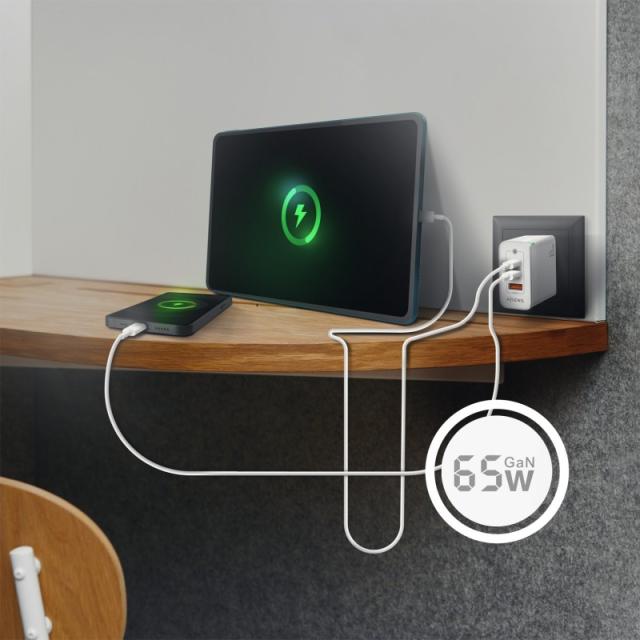 AISENS - Cargador Gan 65W, 2xUSB-C PD3.0 QC4.0, 1xUSB-A QC3.0, Blanco - ASCH-65W3P007-W