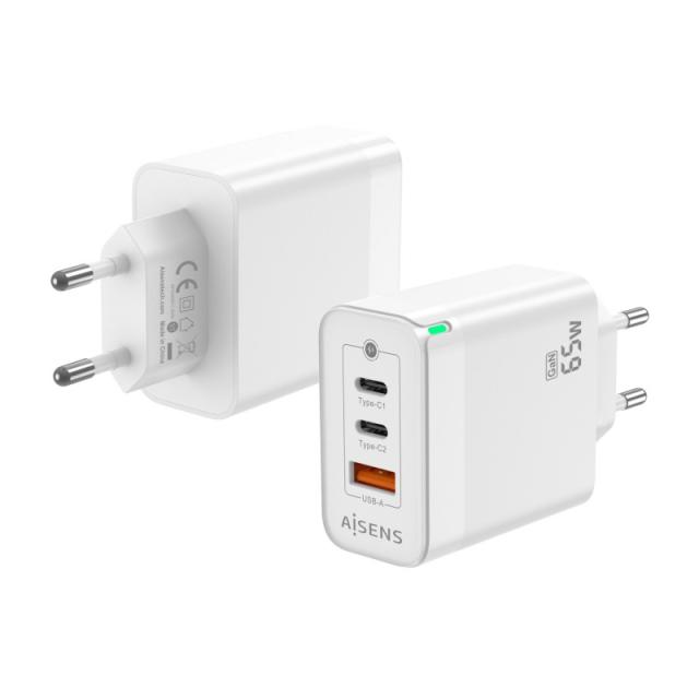 AISENS - Cargador Gan 65W, 2xUSB-C PD3.0 QC4.0, 1xUSB-A QC3.0, Blanco - ASCH-65W3P007-W
