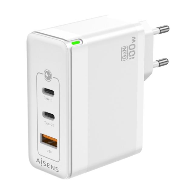 AISENS - Cargador Gan 100W, 2xUSB-C PD3.0 QC4.0 QC5.0, 1xUSB-A QC3.0, Blanco