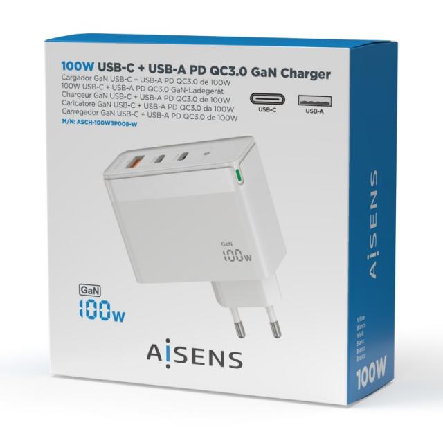 AISENS - Cargador Gan 100W, 2xUSB-C PD3.0 QC4.0 QC5.0, 1xUSB-A QC3.0, Blanco