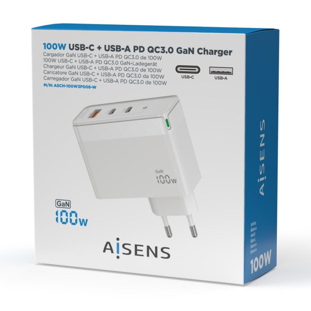 AISENS - Cargador Gan 100W, 2xUSB-C PD3.0 QC4.0 QC5.0, 1xUSB-A QC3.0, Blanco