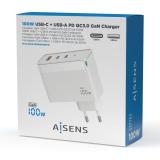 AISENS - Cargador Gan 100W, 2xUSB-C PD3.0 QC4.0 QC5.0, 1xUSB-A QC3.0, Blanco