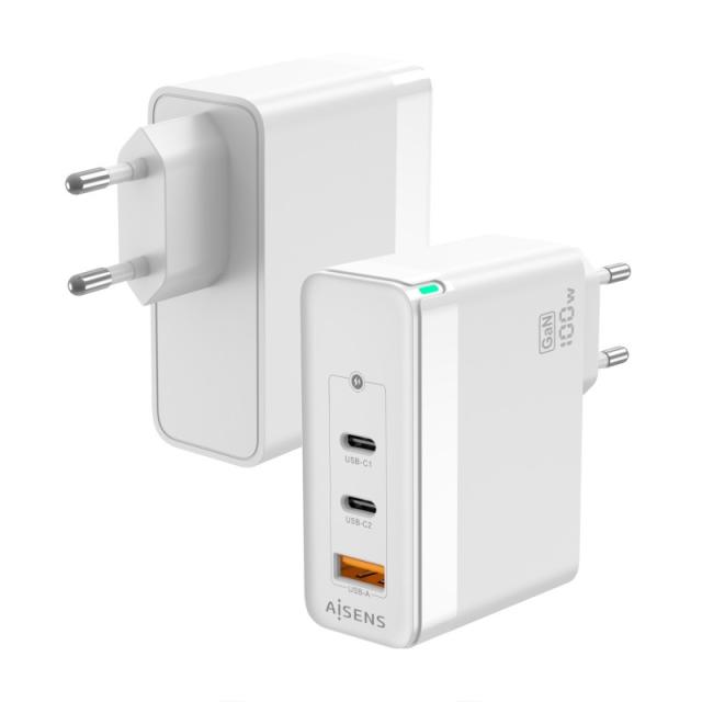AISENS - Cargador Gan 100W, 2xUSB-C PD3.0 QC4.0 QC5.0, 1xUSB-A QC3.0, Blanco