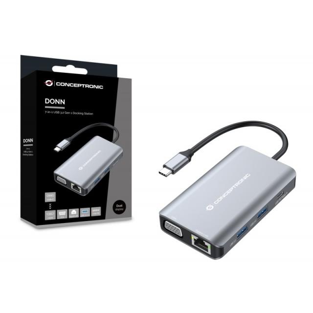 Conceptronic - DONN21G base para portátil y replicador de puertos Alámbrico USB 3.2 Gen 1 (3.1 Gen 1) Type-C Gris