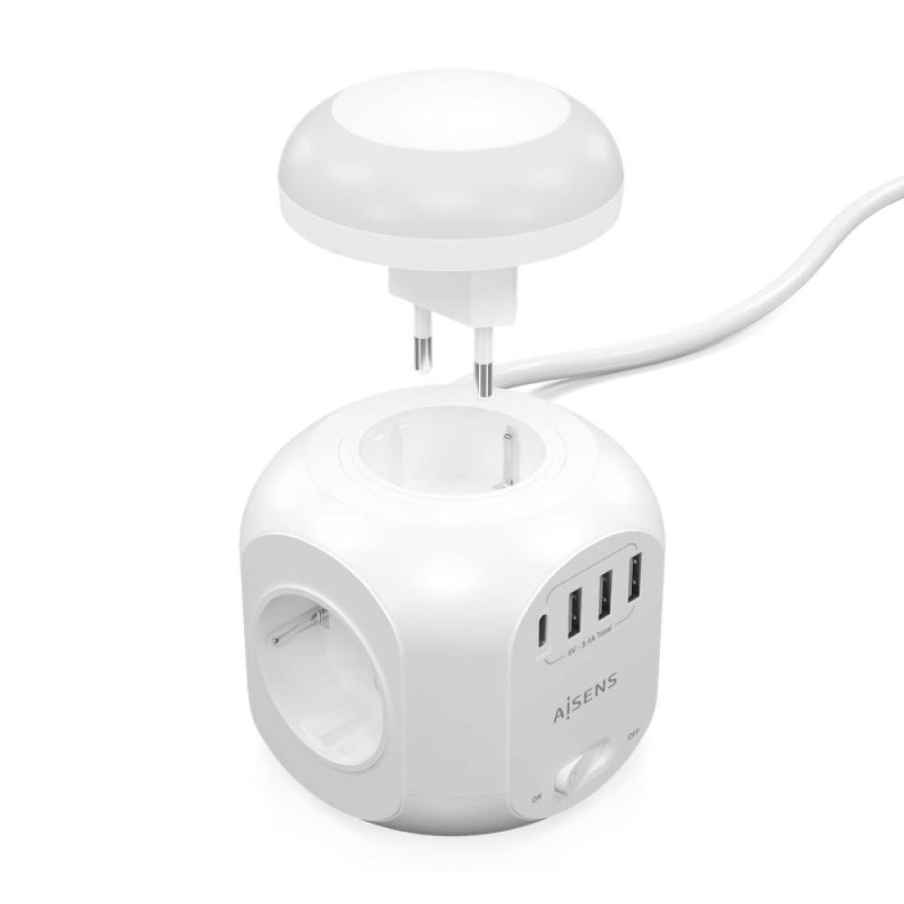 AISENS - Regleta de Enchufes Sobremesa Multifuncion con 4 Tomas + 1XUSB-C, 3XUSB-A, Luz Nocturna, 1.8M, Blanco