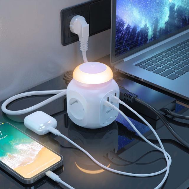 AISENS - Regleta de Enchufes Sobremesa Multifuncion con 4 Tomas + 1XUSB-C, 3XUSB-A, Luz Nocturna, 1.8M, Blanco