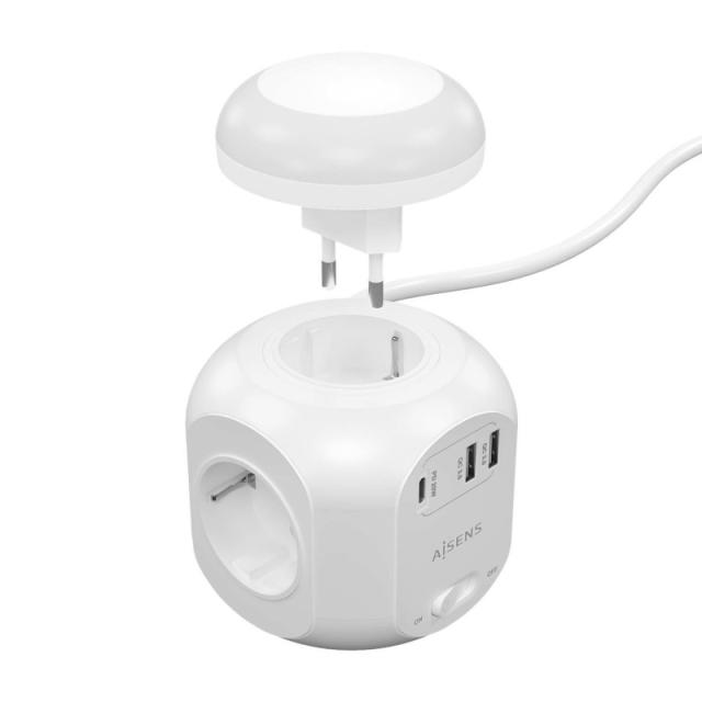 AISENS - Regleta de Enchufes Sobremesa Multifuncion con 4 Tomas + 1xUSB-C 20W PD3.0, 2xUSB-A 18W QC3.0, Luz Nocturna, 1.8M, Blan
