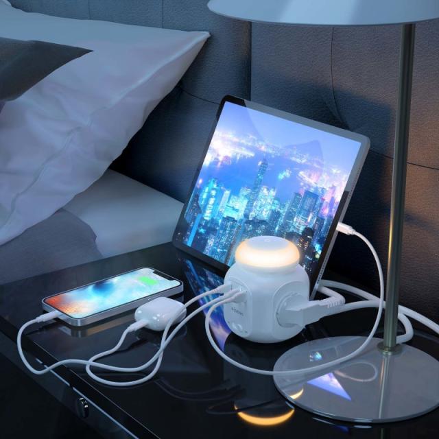 AISENS - Regleta de Enchufes Sobremesa Multifuncion con 4 Tomas + 1xUSB-C 20W PD3.0, 2xUSB-A 18W QC3.0, Luz Nocturna, 1.8M, Blan