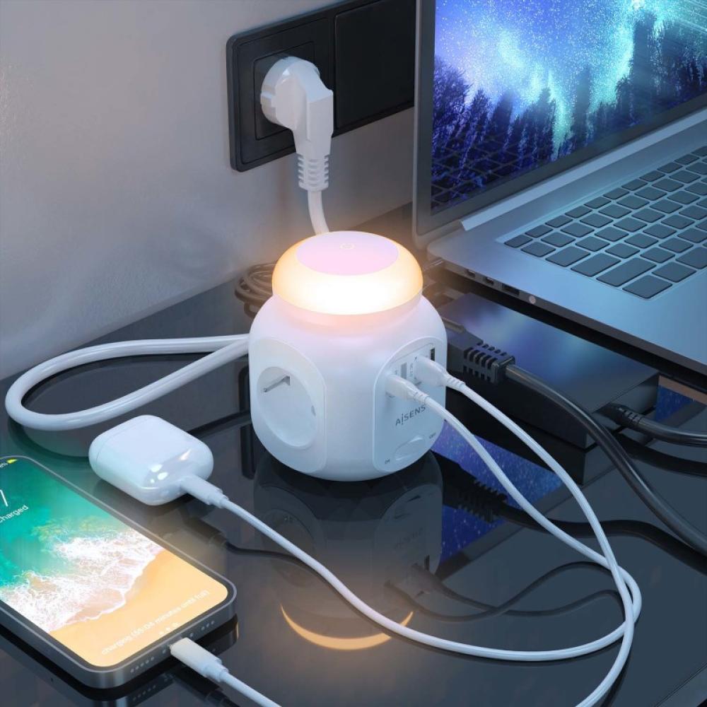 AISENS - Regleta de Enchufes Sobremesa Multifuncion con 4 Tomas + 1xUSB-C 20W PD3.0, 2xUSB-A 18W QC3.0, Luz Nocturna, 1.8M, Blan