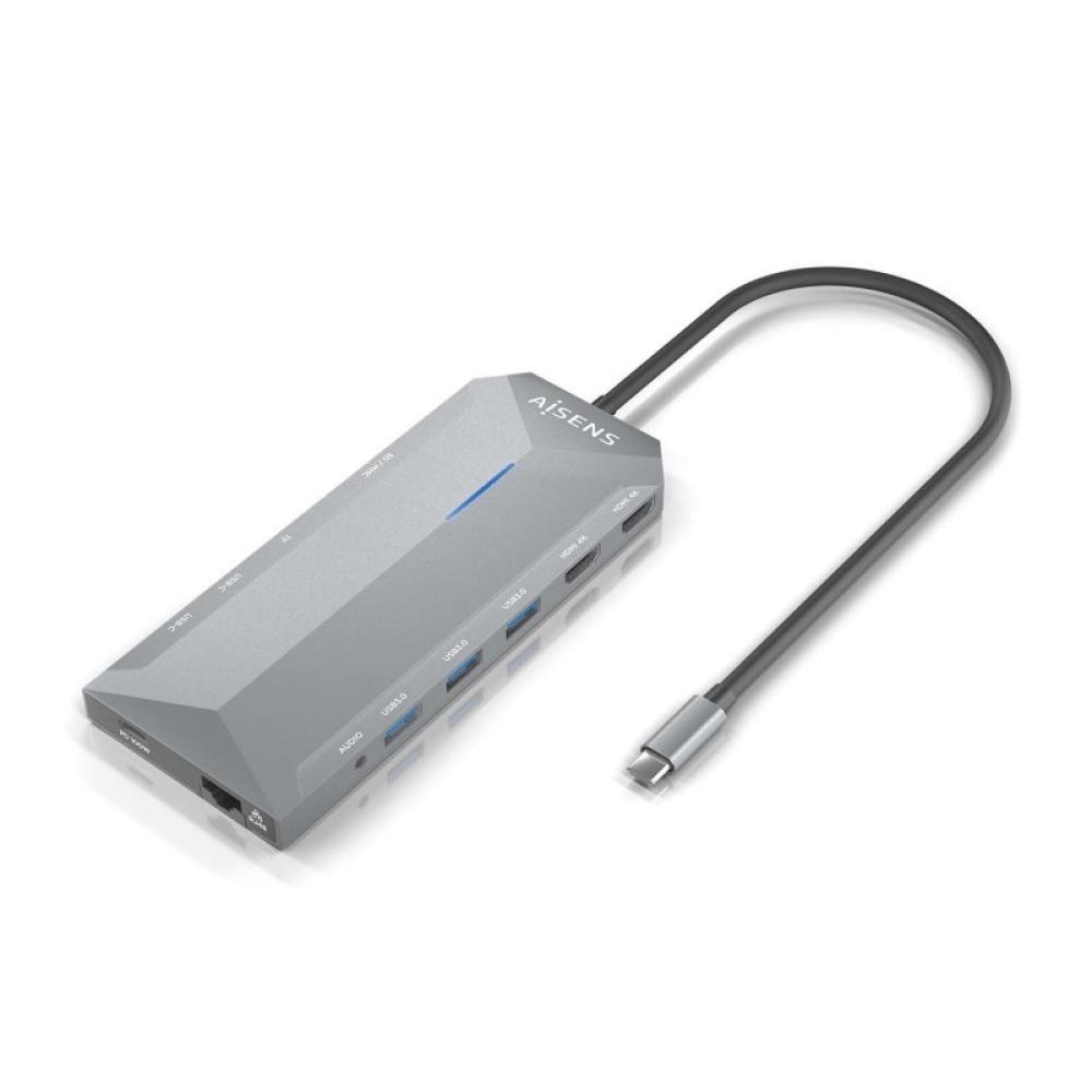 AISENS - USB-C Dock 12 En 1, USB-C A 2xHDMI, 1xRJ45, 3xUSB-A, 2xUSB-C, 1xUSB-C PD, 1xAudio, 1xSD, 1xMicro SD, Gris, 30cm
