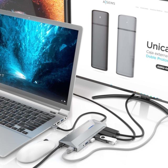 AISENS - USB-C Dock 12 En 1, USB-C A 2xHDMI, 1xRJ45, 3xUSB-A, 2xUSB-C, 1xUSB-C PD, 1xAudio, 1xSD, 1xMicro SD, Gris, 30cm