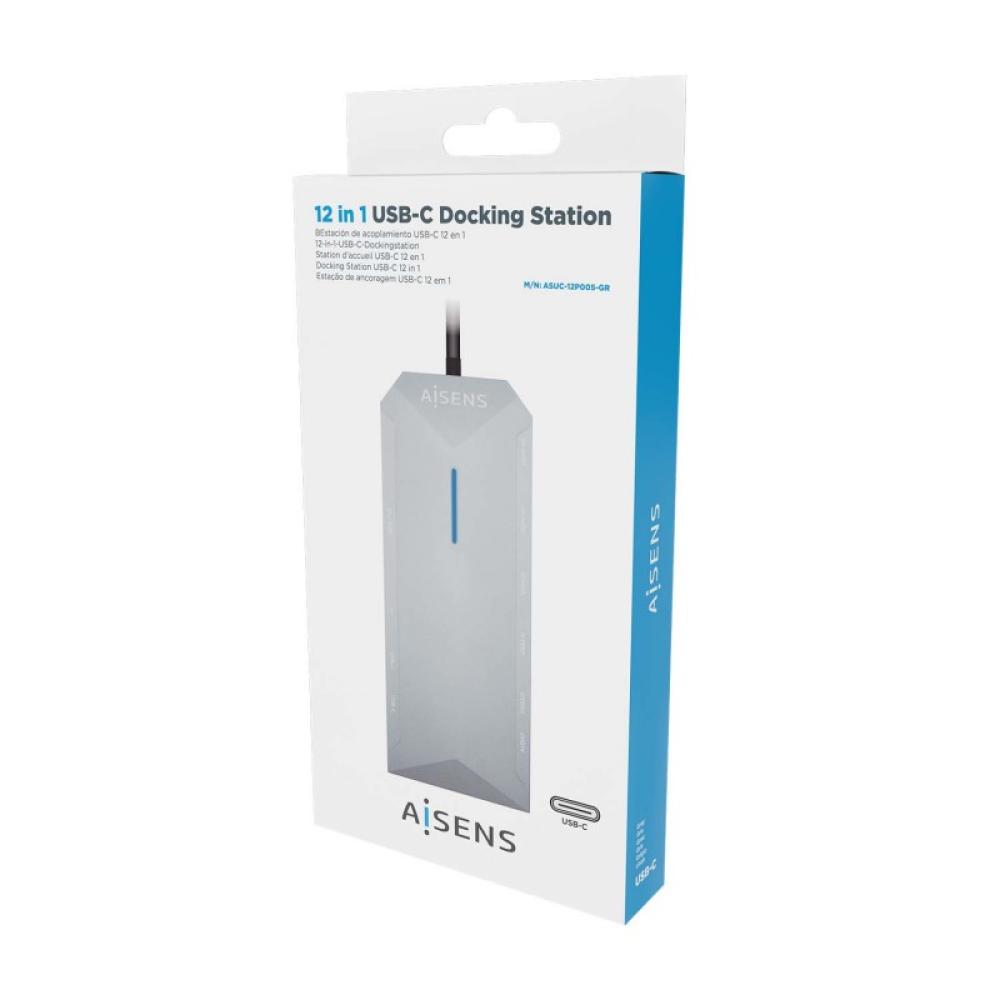 AISENS - USB-C Dock 12 En 1, USB-C A 2xHDMI, 1xRJ45, 3xUSB-A, 2xUSB-C, 1xUSB-C PD, 1xAudio, 1xSD, 1xMicro SD, Gris, 30cm