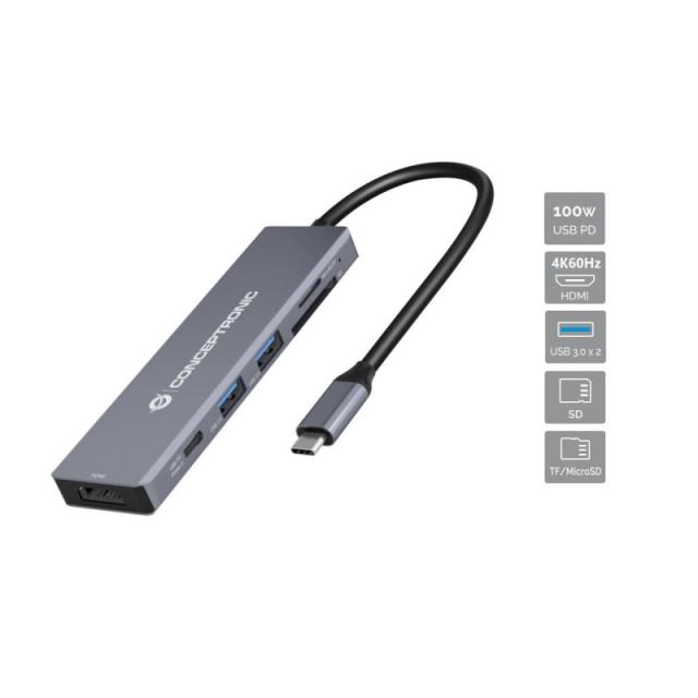 Conceptronic - DONN23G base para portátil y replicador de puertos Alámbrico USB 3.2 Gen 1 (3.1 Gen 1) Type-C Gris