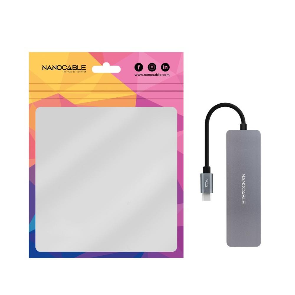 Nanocable - Hub USB-C a 3xUSB3.0/H + 1xUSB-C/H Aluminio 10 cm, Gris