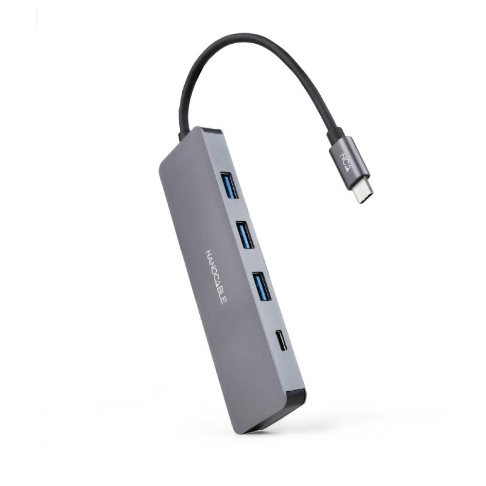 Nanocable - Hub USB-C a 3xUSB3.0/H + 1xUSB-C/H Aluminio 10 cm, Gris