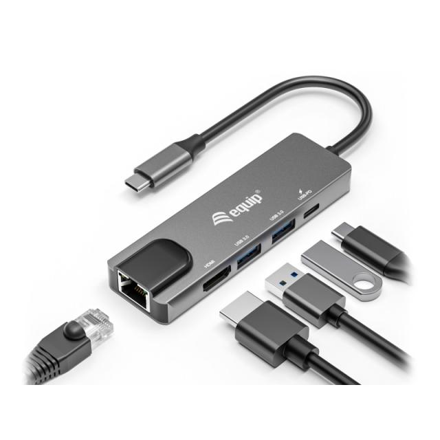 Equip - Adaptador multifunción USB-C 5 en 1, HDMI , Gigabit LAN, USB 3.2 GEN1, 100W USB PD