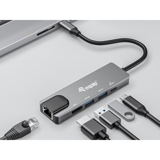 Equip - Adaptador multifunción USB-C 5 en 1, HDMI , Gigabit LAN, USB 3.2 GEN1, 100W USB PD