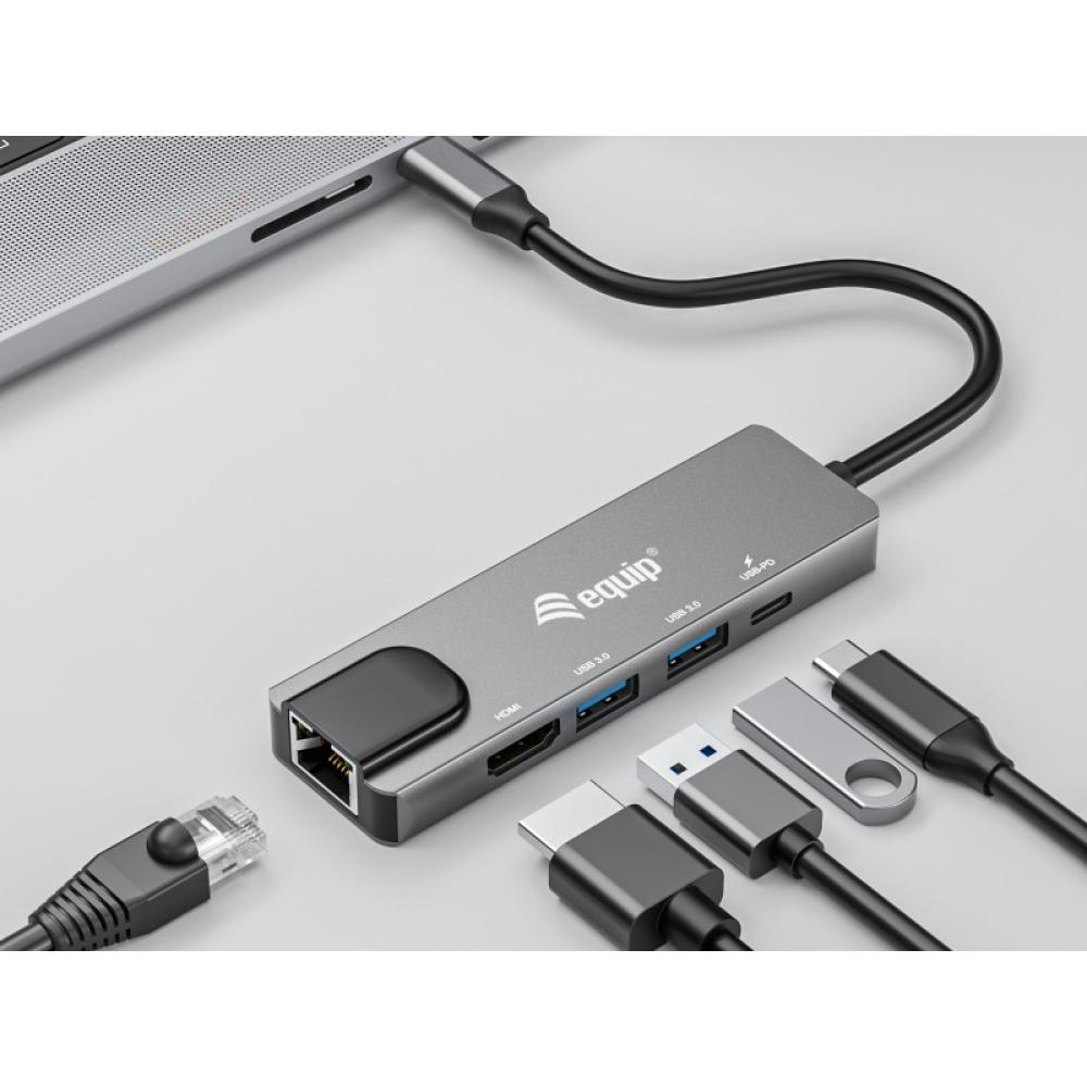 Equip - Adaptador multifunción USB-C 5 en 1, HDMI , Gigabit LAN, USB 3.2 GEN1, 100W USB PD