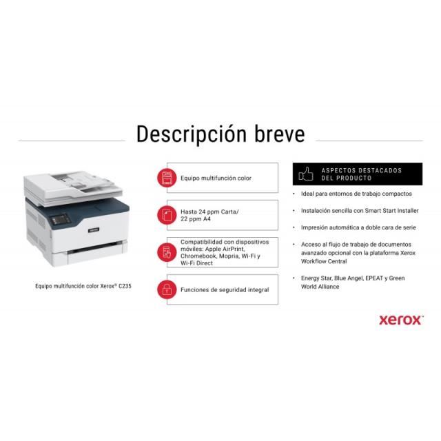 Xerox - C235 A4 22 ppm Inalámbrica Copia/impresión/escaneado/fax PS3 PCL5e/6 ADF 2 bandejas Total 251 hojas