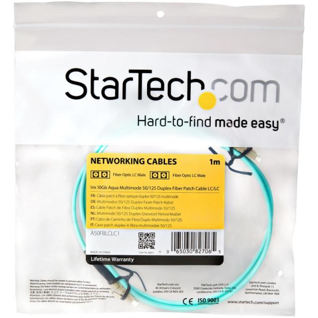 StarTech.com - Cable de 1m de Fibra Óptica Multimodo OM3 LC a LC UPC - Full Duplex 50/125µm - para Redes de 100G - LOMMF/VCSEL -