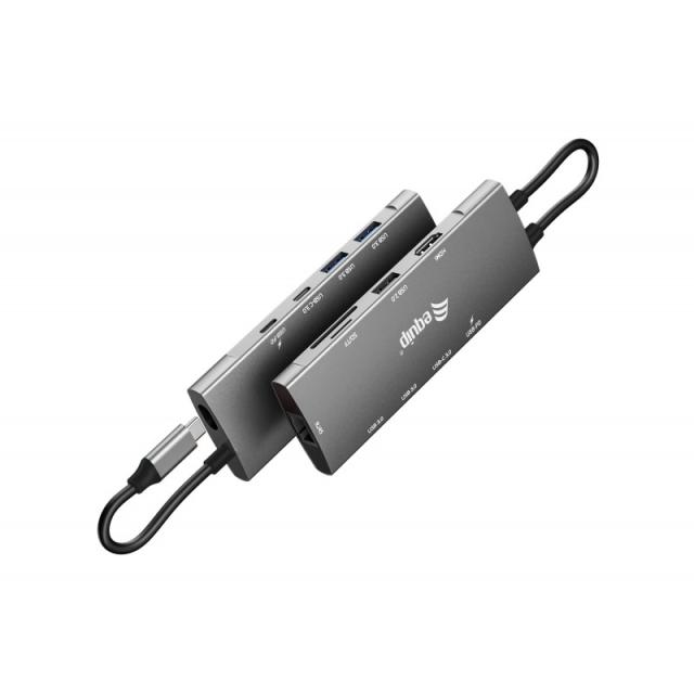 Equip - Adaptador multifunción USB-C 9 en 1, HDMI 4K/60Hz, Gigabit LAN, USB 3.2 GEN1, SD/TF, 100W USB PD