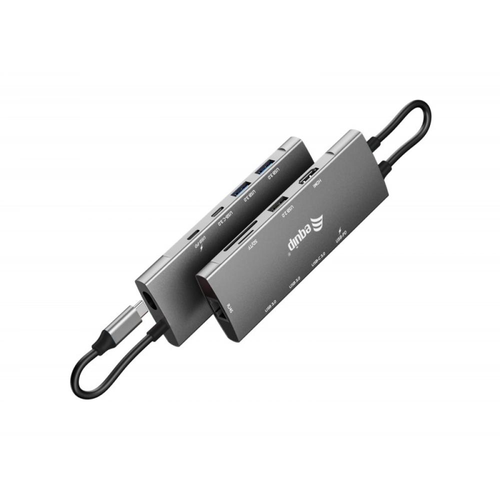 Equip - Adaptador multifunción USB-C 9 en 1, HDMI 4K/60Hz, Gigabit LAN, USB 3.2 GEN1, SD/TF, 100W USB PD