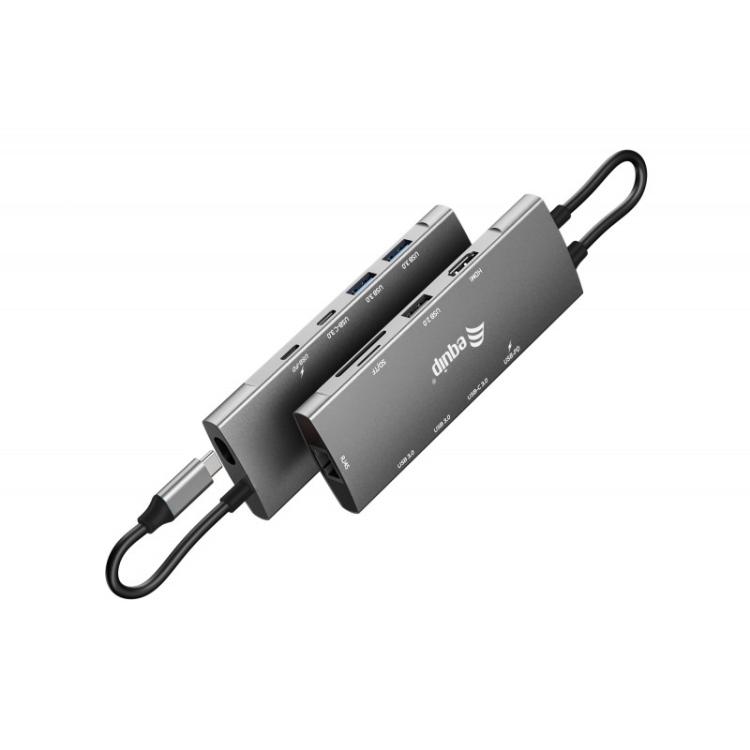 Equip - Adaptador multifunción USB-C 9 en 1, HDMI 4K/60Hz, Gigabit LAN, USB 3.2 GEN1, SD/TF, 100W USB PD