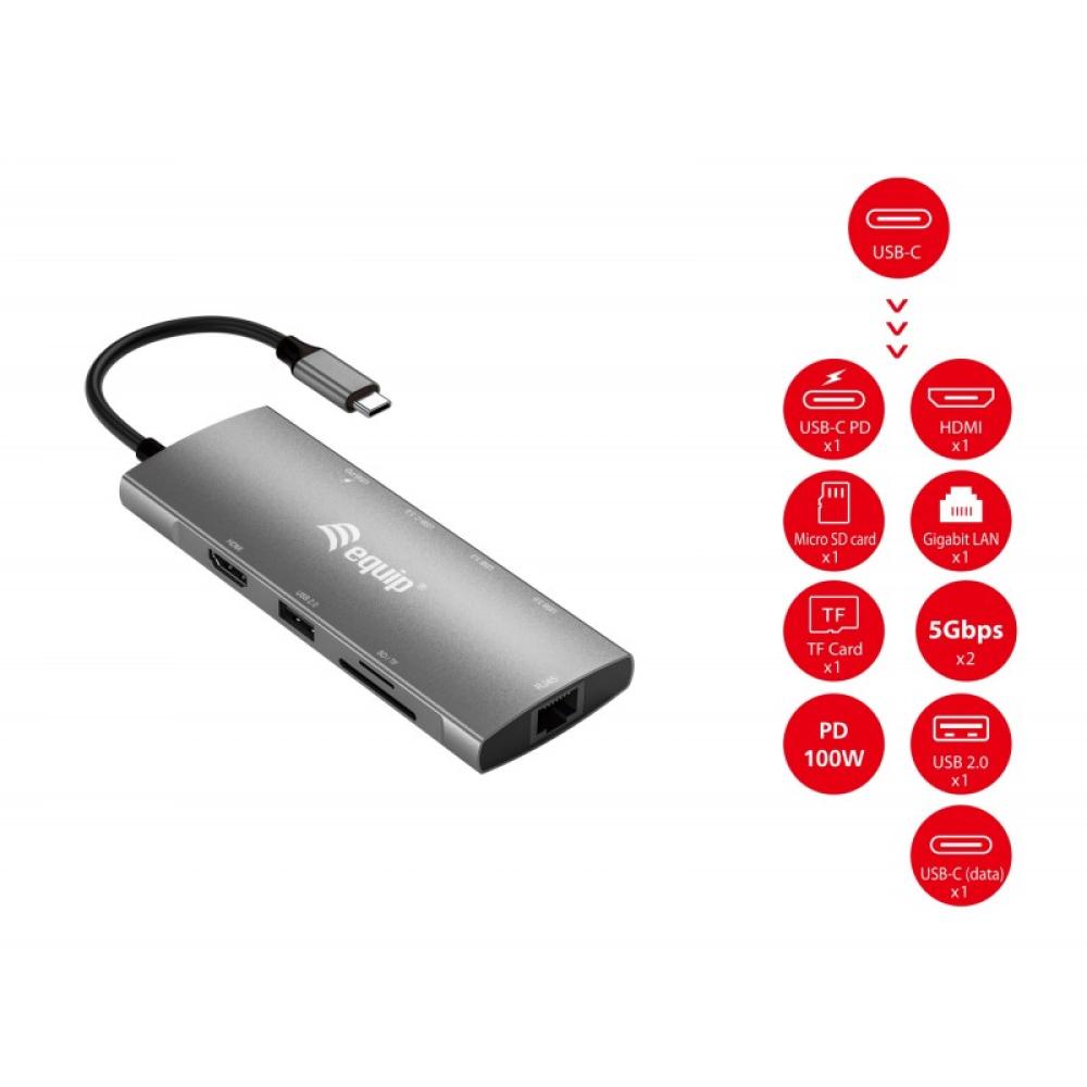 Equip - Adaptador multifunción USB-C 9 en 1, HDMI 4K/60Hz, Gigabit LAN, USB 3.2 GEN1, SD/TF, 100W USB PD