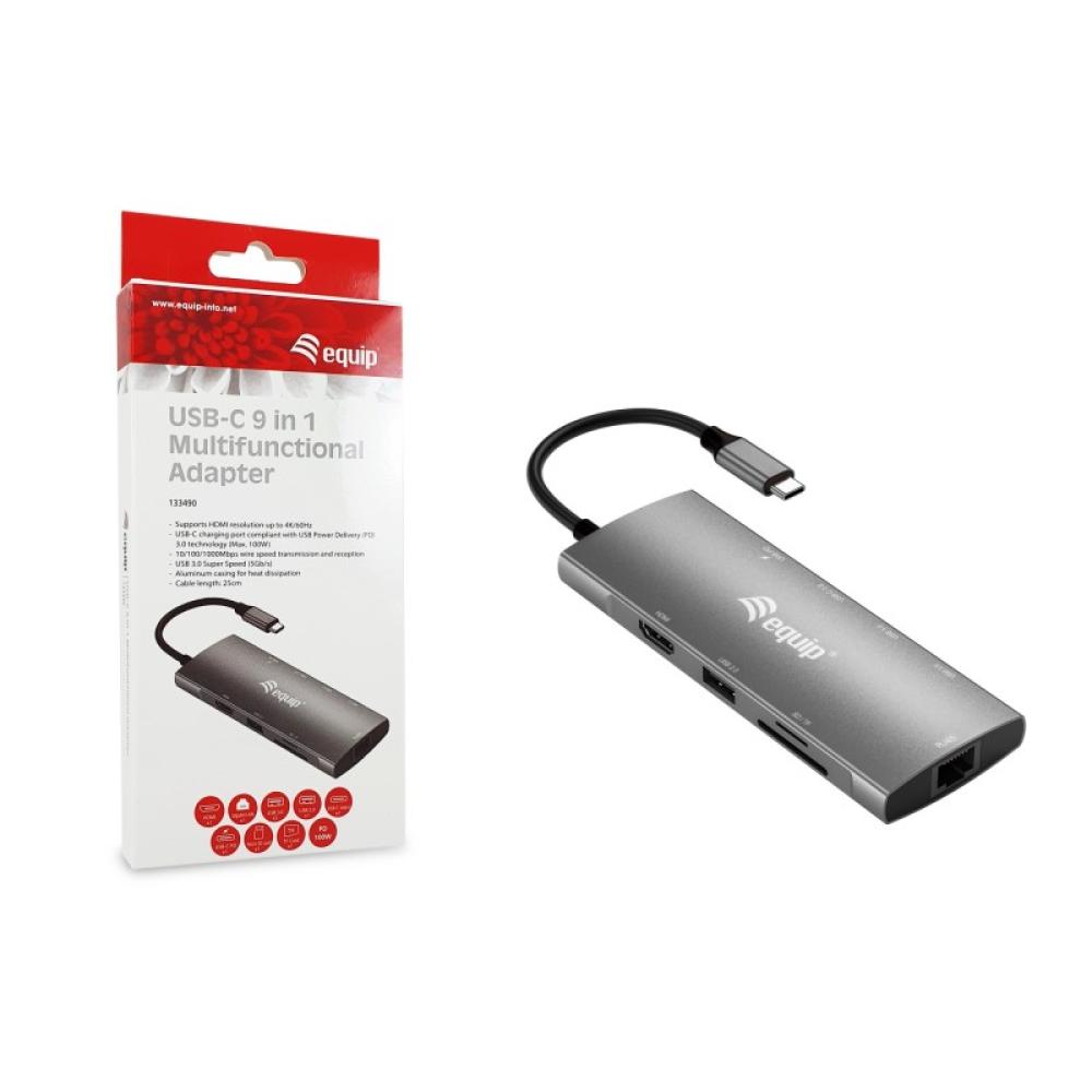 Equip - Adaptador multifunción USB-C 9 en 1, HDMI 4K/60Hz, Gigabit LAN, USB 3.2 GEN1, SD/TF, 100W USB PD