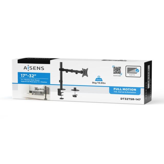 AISENS - Soporte de Mesa ECO Giratorio e Inclinable para Monitor/TV 9Kg (3 Pivotes, 1 Brazo) de 17-32, Negro
