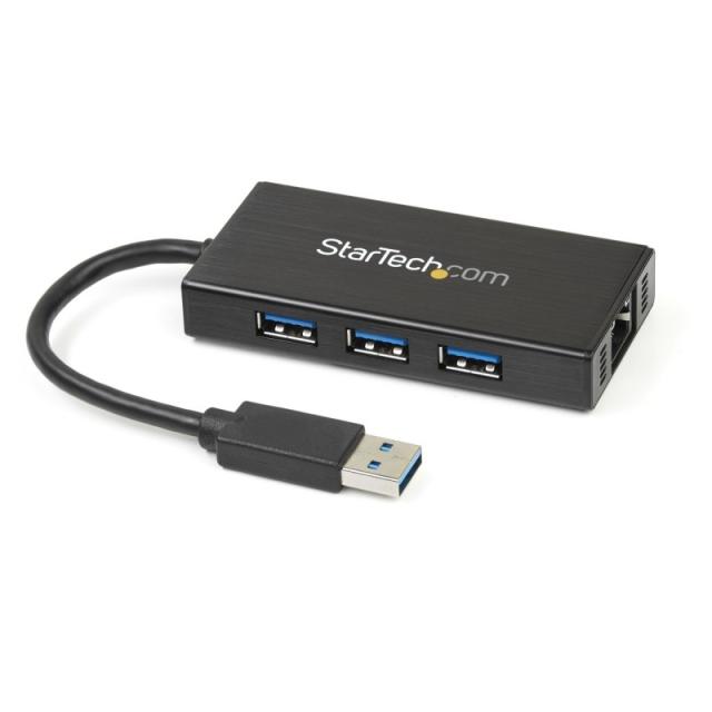 StarTech.com - Hub USB 3.0 de Aluminio con Cable - 5Gbps - Concentrador de 3 Puertos USB con Adaptador de Red Ethernet Gigabit