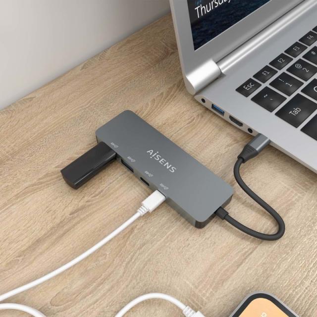 AISENS - Hub USB 3.2 Gen2 10G USB-C, USB-C/M-2xUSB-C/H-2xUSB-A/H, Gris, 15cm