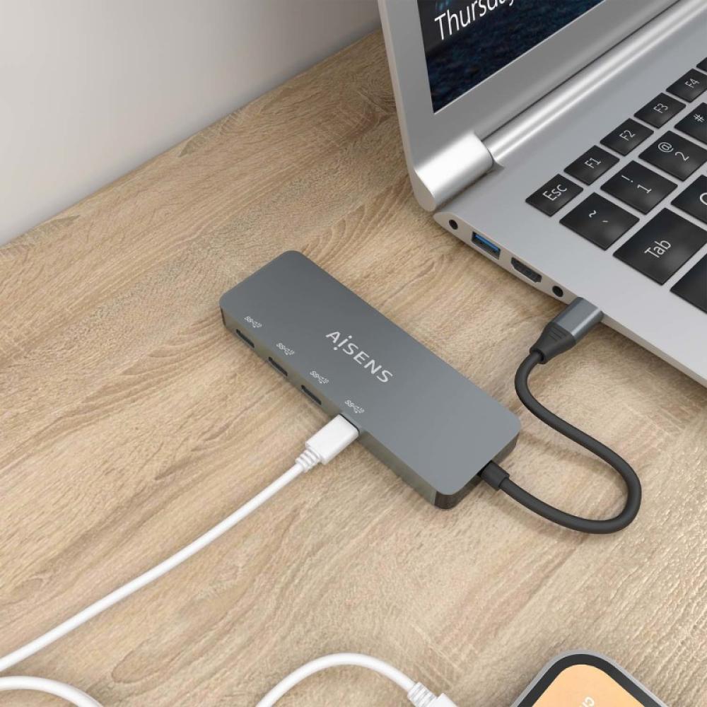 AISENS - Hub USB 3.2 Gen2 10G USB-C, USB-C/M-4xUSB-C/H, Gris, 15cm