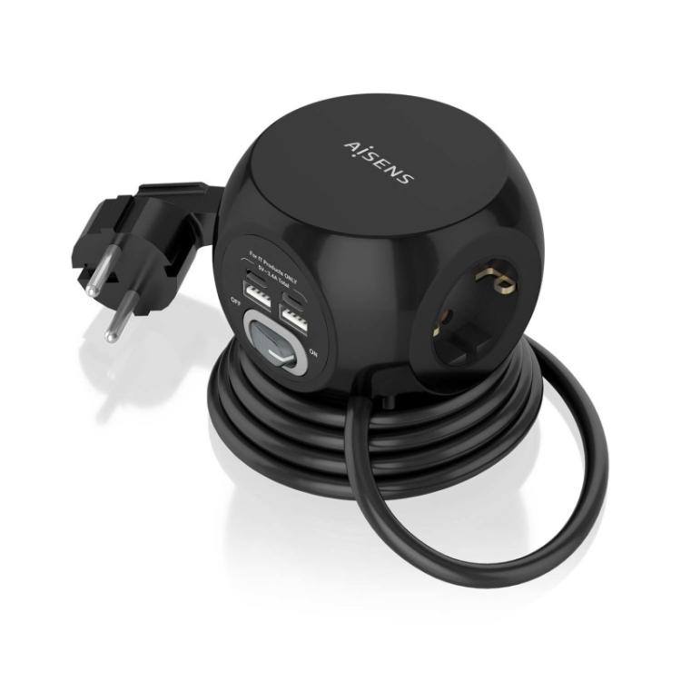 AISENS - Regleta de Enchufes Sobremesa Multifuncion con 3 Tomas + 2xUSB-C, 2xUSB-A, 1.4M, Negro