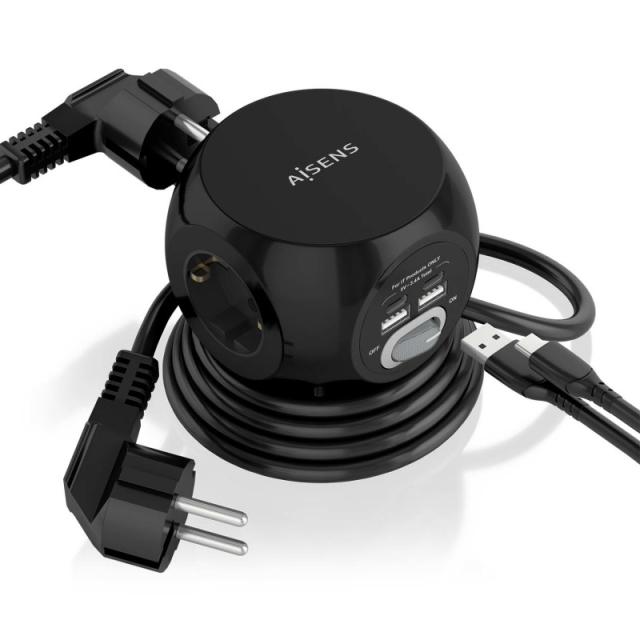 AISENS - Regleta de Enchufes Sobremesa Multifuncion con 3 Tomas + 2xUSB-C, 2xUSB-A, 1.4M, Negro