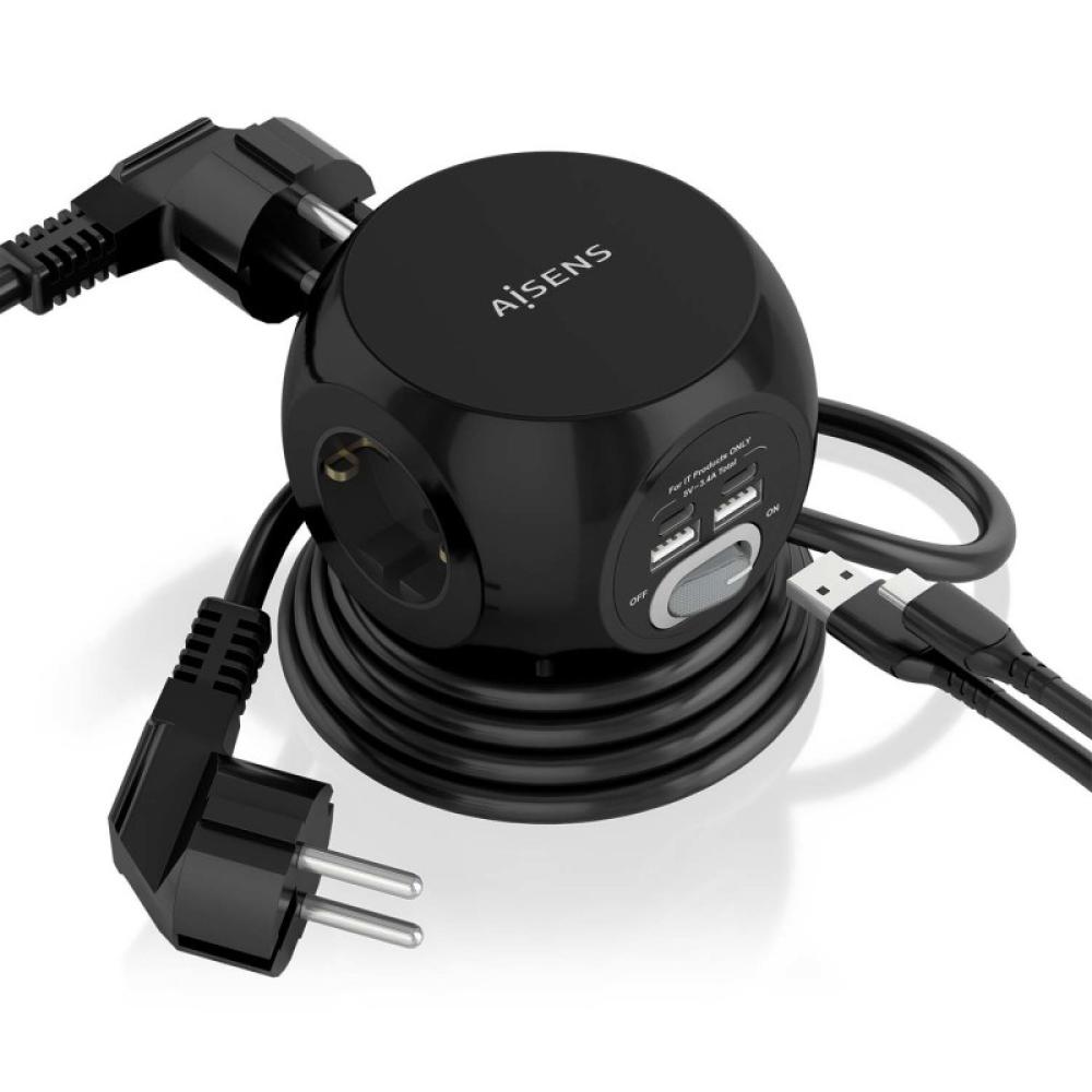 AISENS - Regleta de Enchufes Sobremesa Multifuncion con 3 Tomas + 2xUSB-C, 2xUSB-A, 1.4M, Negro