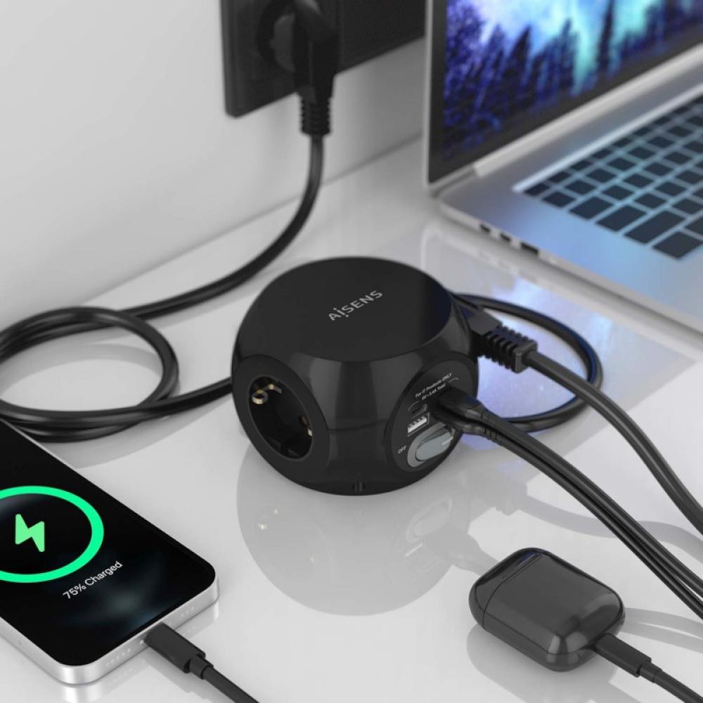 AISENS - Regleta de Enchufes Sobremesa Multifuncion con 3 Tomas + 2xUSB-C, 2xUSB-A, 1.4M, Negro
