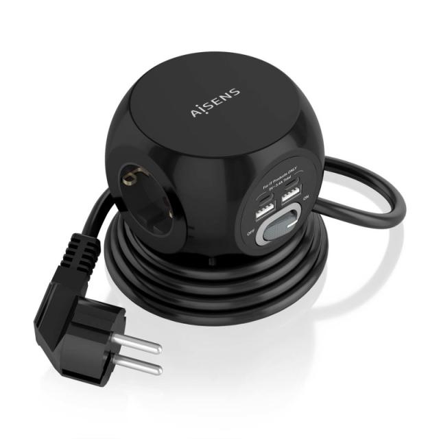 AISENS - Regleta de Enchufes Sobremesa Multifuncion con 3 Tomas + 2xUSB-C, 2xUSB-A, 1.4M, Negro