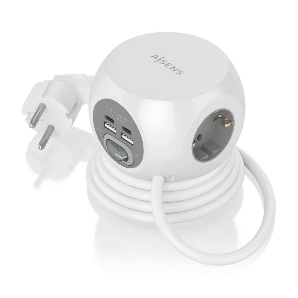 AISENS - Regleta de Enchufes Sobremesa Multifuncion con 3 Tomas + 2xUSB-C, 2xUSB-A, 1.4M, Blanco