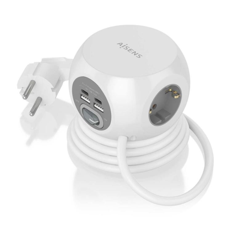 AISENS - Regleta de Enchufes Sobremesa Multifuncion con 3 Tomas + 2xUSB-C, 2xUSB-A, 1.4M, Blanco