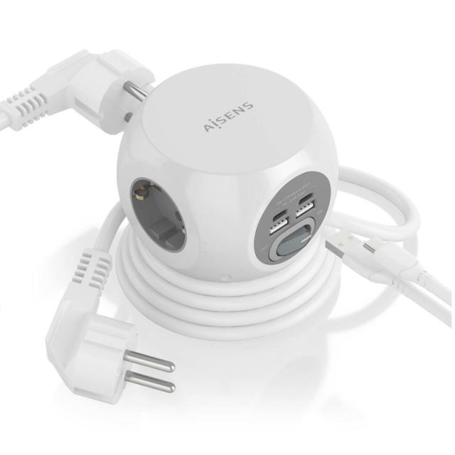 AISENS - Regleta de Enchufes Sobremesa Multifuncion con 3 Tomas + 2xUSB-C, 2xUSB-A, 1.4M, Blanco