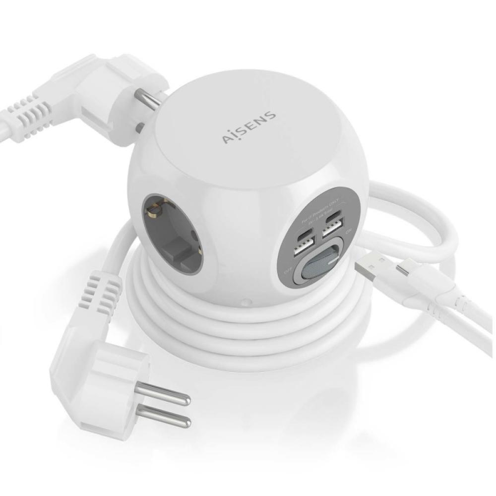 AISENS - Regleta de Enchufes Sobremesa Multifuncion con 3 Tomas + 2xUSB-C, 2xUSB-A, 1.4M, Blanco