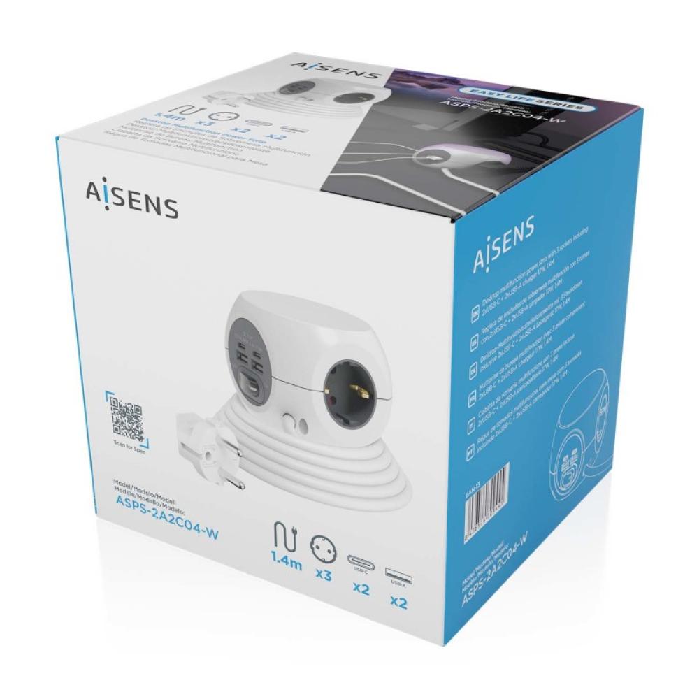 AISENS - Regleta de Enchufes Sobremesa Multifuncion con 3 Tomas + 2xUSB-C, 2xUSB-A, 1.4M, Blanco