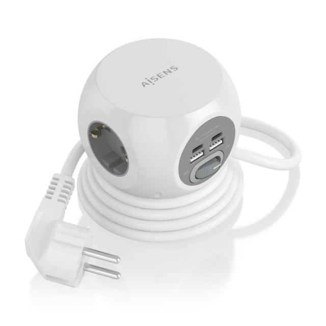 AISENS - Regleta de Enchufes Sobremesa Multifuncion con 3 Tomas + 2xUSB-C, 2xUSB-A, 1.4M, Blanco